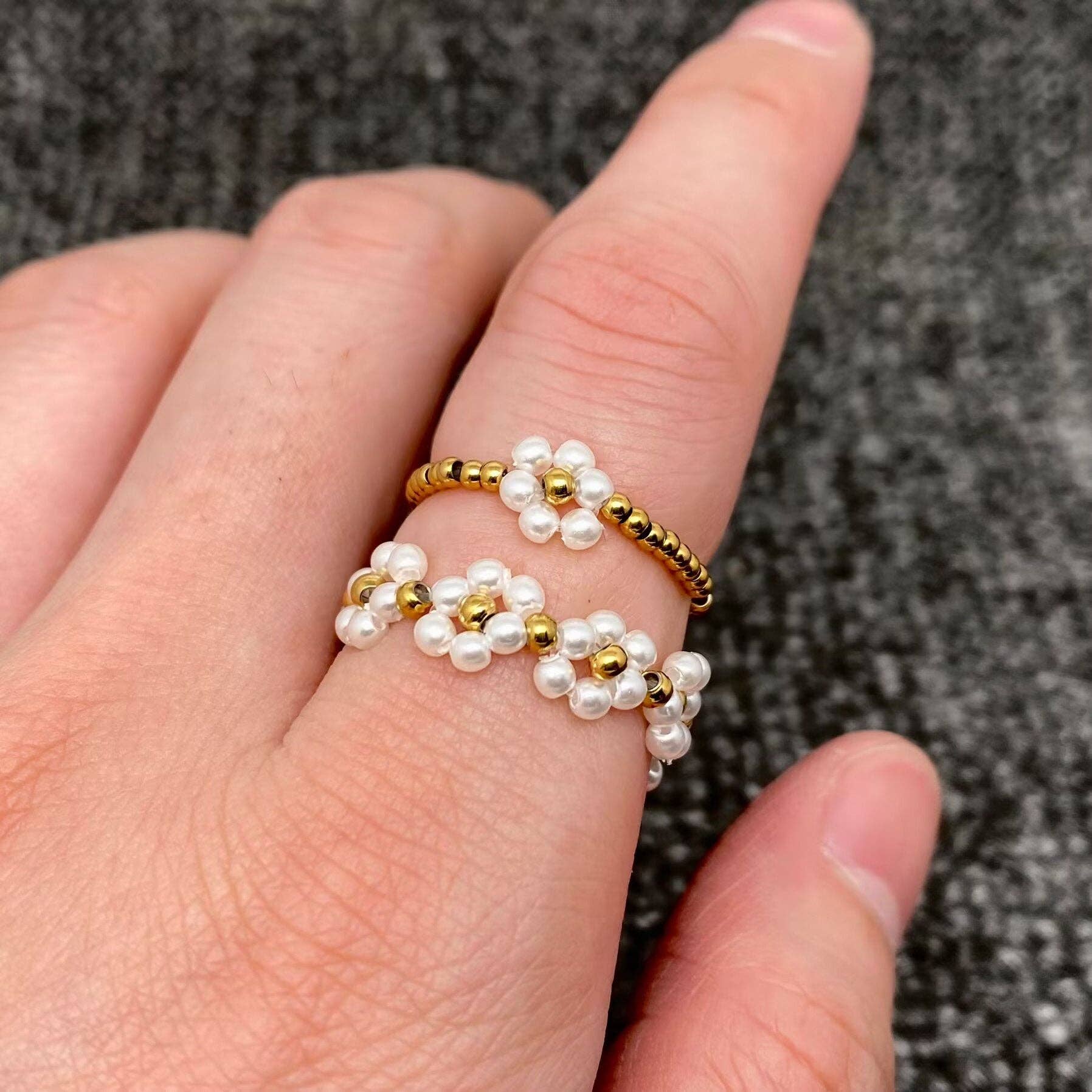 Pearl Beaded 2pcs/Set 18K Gold Plated SS Elastic Ring - FGS