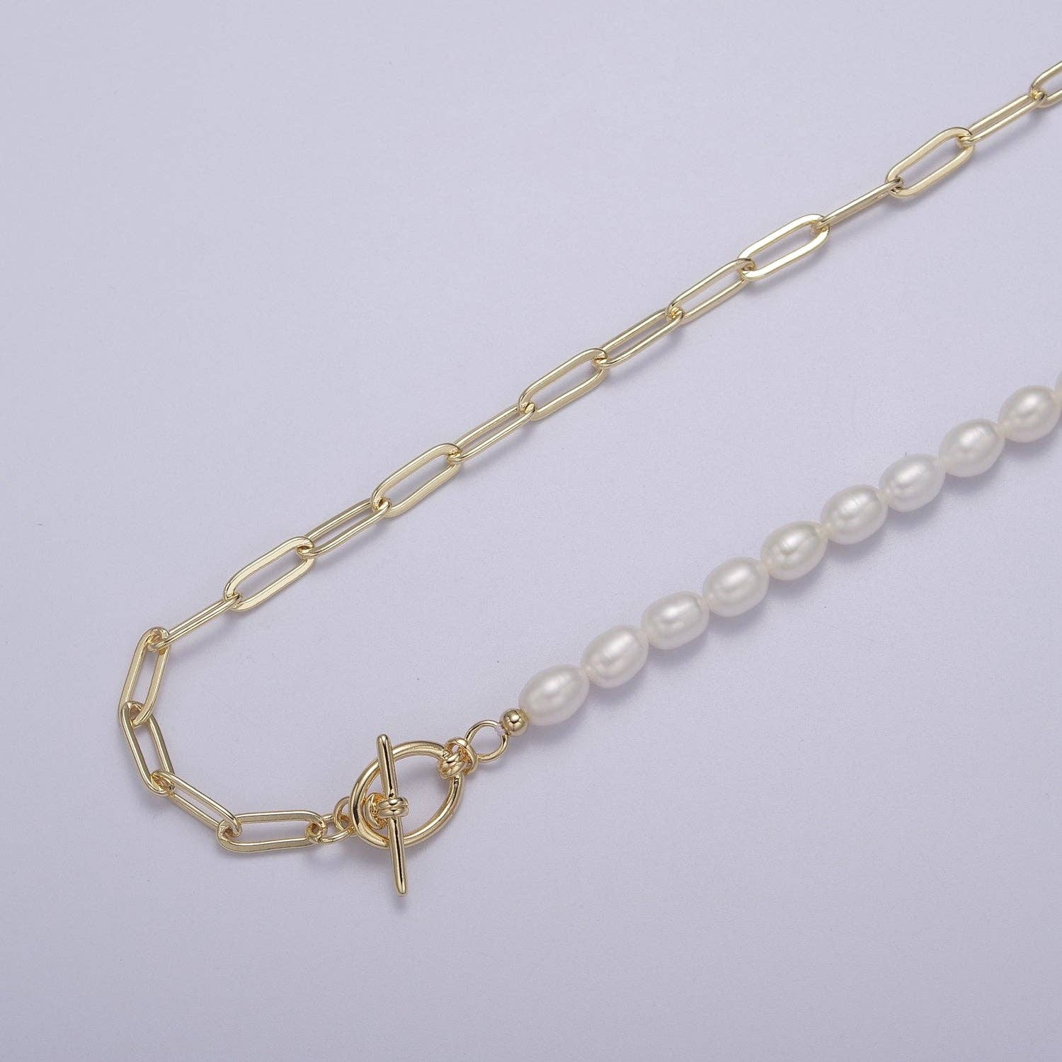 Half beaded half chain necklace in 18k gold fill | Layer Necklace paper clip chain rectangle | White Freshwater Pearl WA-863