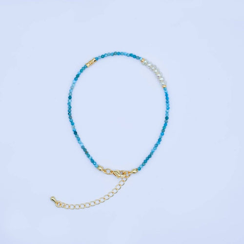 24K Gold Filled Shell Pearl Blue Aquamarine Gemstone 8 Inch Bracelet | WA-2880