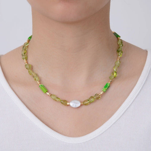 16K Gold Filled Freshwater Pearl Peridot Green Gemstone 16 Inch Handmade Necklace | WA-3179