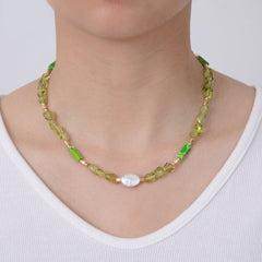 16K Gold Filled Freshwater Pearl Peridot Green Gemstone 16 Inch Handmade Necklace | WA-3179