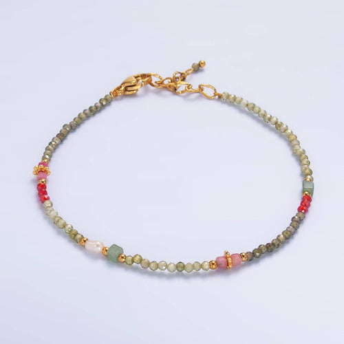 Stainless Steel Red-Pink Green Multifaceted Crystal Gemstone 7 Inch Bracelet | WA-3134