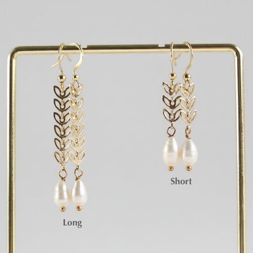 Freshwater Pearl Leaf Chain Dangle Earrings (1E29)