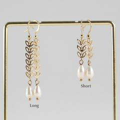 Freshwater Pearl Leaf Chain Dangle Earrings (1E29)