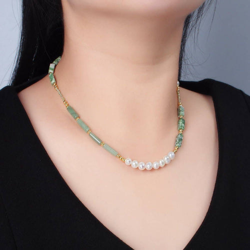 Handmade Green Jade Bead Chain Necklace with Freshwater Pearl 15.55 Inch with Extender | WA2584