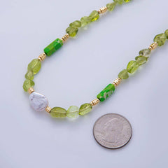 16K Gold Filled Freshwater Pearl Peridot Green Gemstone 16 Inch Handmade Necklace | WA-3179