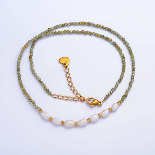 Stainless Steel Freshwater Pearl Green Multifaceted Crystal Gemstone 15 Inch Choker Necklace | WA-3106