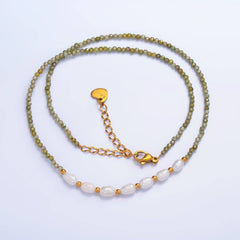 Stainless Steel Freshwater Pearl Green Multifaceted Crystal Gemstone 15 Inch Choker Necklace | WA-3106