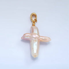24K Gold Filled White Freshwater Pearl Religious Cross Pendant | P1762