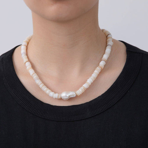 16K Gold Filled Freshwater Pearl Heishi Shell Rhondelle Gemstone 16.5 Inch Handmade Necklace | WA-1260