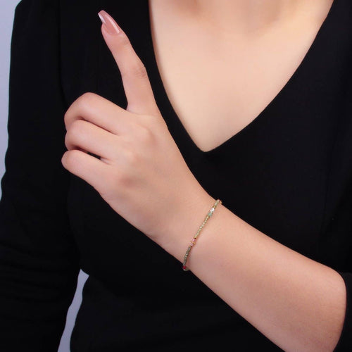 Stainless Steel Red-Pink Green Multifaceted Crystal Gemstone 7 Inch Bracelet | WA-3134