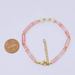 Gold Stainless Steel Watermelon Red Gemstone Tube Beaded Pearl Bracelet  | WA-1346