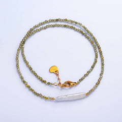 Stainless Steel Biwa Freshwater Pearl Multifaceted Crystal Gemstone 15 Inch Choker Necklace | WA-3105