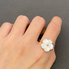 White Shell Flower 18K Gold Plated SS Adjustable Ring - FGS
