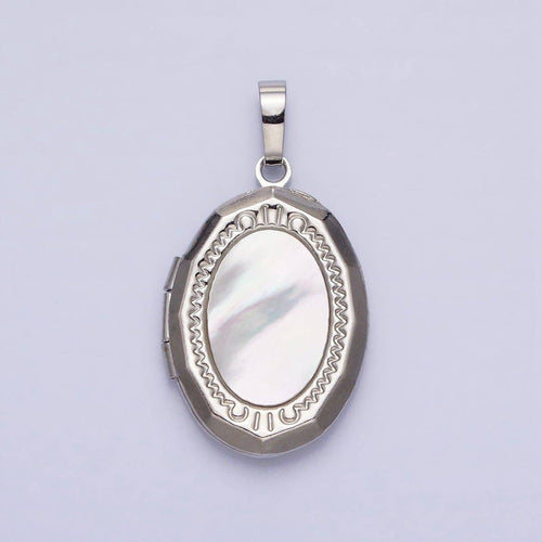 24K Gold Filled Shell Pearl Oval Geometric Engraved Locket in Gold & Silver | AA-367 AA-368