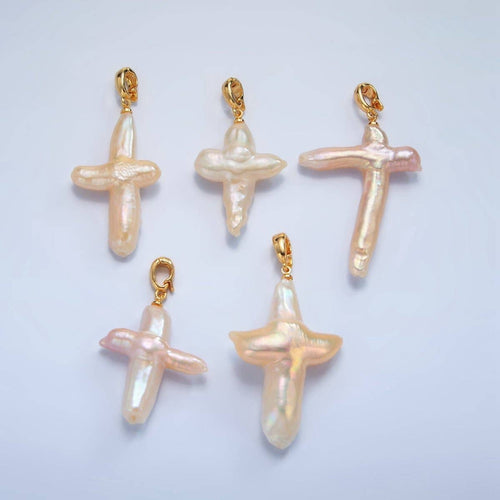 24K Gold Filled White Freshwater Pearl Religious Cross Pendant | P1762