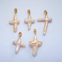 24K Gold Filled White Freshwater Pearl Religious Cross Pendant | P1762