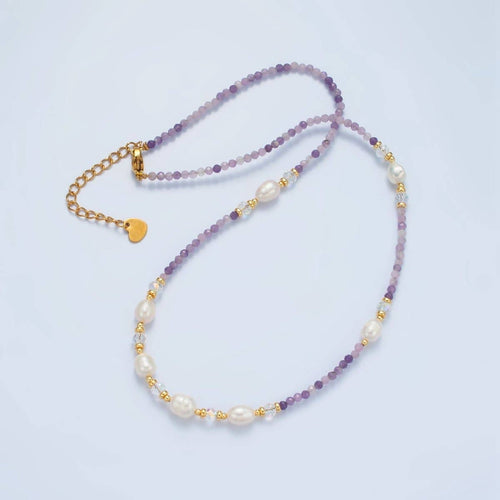 Handmade Purple Amethyst Beaded Chain Necklace with Freshwater Pearl 15.74 Inch with Extender | WA2574