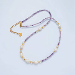 Handmade Purple Amethyst Beaded Chain Necklace with Freshwater Pearl 15.74 Inch with Extender | WA2574