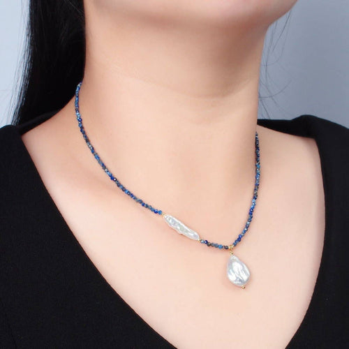 Handmade Blue Lapis Lazuli Beaded Chain Necklace with Fresh Water Pearl 15.35 inch | WA2566