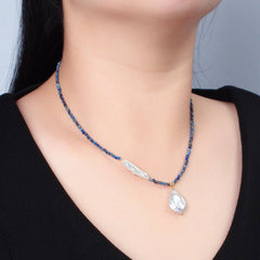 Handmade Blue Lapis Lazuli Beaded Chain Necklace with Fresh Water Pearl 15.35 inch | WA2566