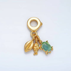 24K Gold Filled Fish Sea Shell CZ Rhondelle Bail Triple Ocean Drop Pendant | AC087