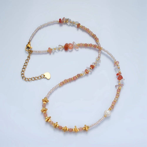 Handmade Pink Rose Quartz Beaded Chain Necklace with Freshwater Pearl 15.35 Inch with Extender | WA2570