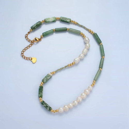 Handmade Green Jade Bead Chain Necklace with Freshwater Pearl 15.55 Inch with Extender | WA2584