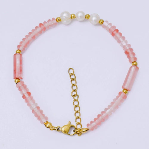 Gold Stainless Steel Watermelon Red Gemstone Tube Beaded Pearl Bracelet  | WA-1346