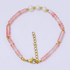 Gold Stainless Steel Watermelon Red Gemstone Tube Beaded Pearl Bracelet  | WA-1346