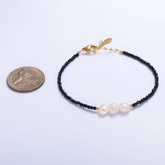 Stainless Steel Triple Shell Pearl Onyx Natural Gemstone 6.5 Inch Bracelet | WA-3129