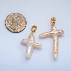 24K Gold Filled White Freshwater Pearl Religious Cross Pendant | P1762