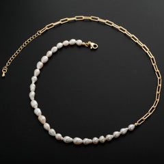 18k Gold Filled Freshwater Pearl Half Chain Necklace Paper Clip Link 16 inch + 2" extender Length Handmade Minimalist Jewelry