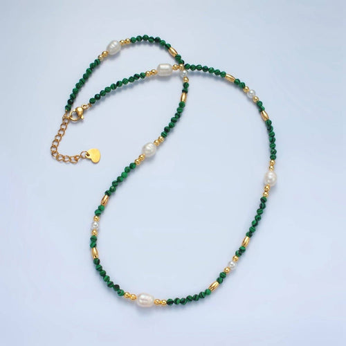 Handmade Green Malachite Beaded Chain Necklace with Freshwater Pearl 17.91 Inch with Extender | WA-A2587