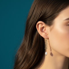 Freshwater Pearl Leaf Chain Dangle Earrings (1E29)
