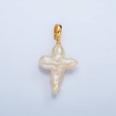 24K Gold Filled White Freshwater Pearl Religious Cross Pendant | P1762
