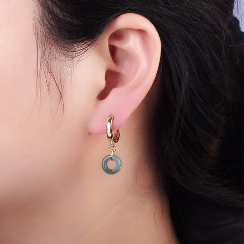 14K Gold Filled 30mm Green Jade Donut Huggie Drop Earrings | AE516