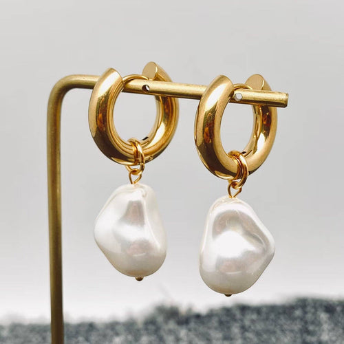 Pearl Charm pendant 18K Gold Stainless Steel Huggie Earrings