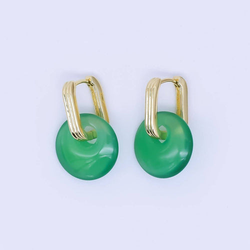 24K Gold Filled Green, White Jade Oblong U-Shaped Hoop Drop Earrings | AB1590 AB1591