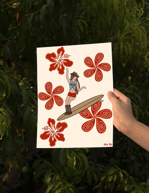 Wave Dancer Surfing Cowgirl Groovy Western Art Print