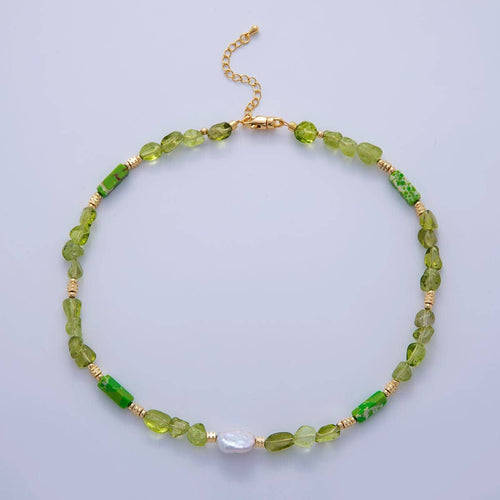 16K Gold Filled Freshwater Pearl Peridot Green Gemstone 16 Inch Handmade Necklace | WA-3179