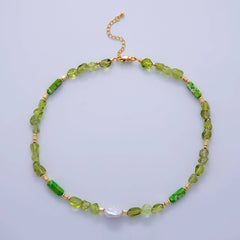 16K Gold Filled Freshwater Pearl Peridot Green Gemstone 16 Inch Handmade Necklace | WA-3179