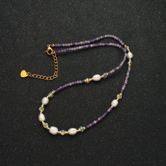 Handmade Purple Amethyst Beaded Chain Necklace with Freshwater Pearl 15.74 Inch with Extender | WA2574