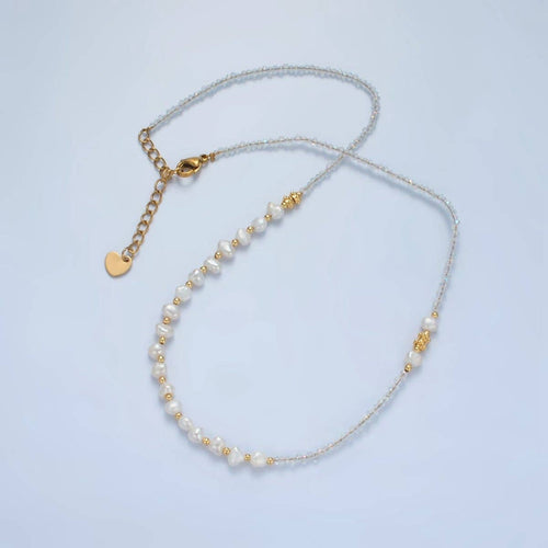 Handmade Clear Quartz Beaded Chain Necklace with Freshwater Pearl 15.15 inch | WA2585