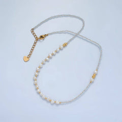 Handmade Clear Quartz Beaded Chain Necklace with Freshwater Pearl 15.15 inch | WA2585