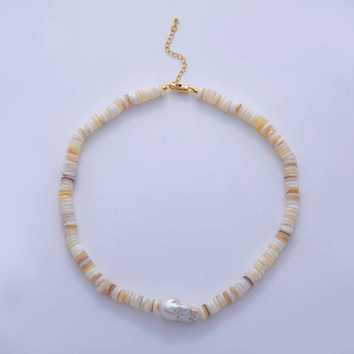16K Gold Filled Freshwater Pearl Heishi Shell Rhondelle Gemstone 16.5 Inch Handmade Necklace | WA-1260