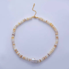16K Gold Filled Freshwater Pearl Heishi Shell Rhondelle Gemstone 16.5 Inch Handmade Necklace | WA-1260