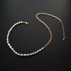 18k Gold Filled Freshwater Pearl Half Chain Necklace Paper Clip Link 16 inch + 2" extender Length Handmade Minimalist Jewelry
