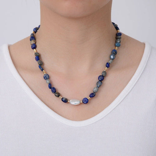 18K Gold Filled Freshwater Pearl Lapis Lazuli Gemstone 15.8 Inch Necklace | WA-3177