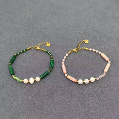 Stone & Pearl & 18K Golden S.Steel Beaded Bracelet - FGS/CS